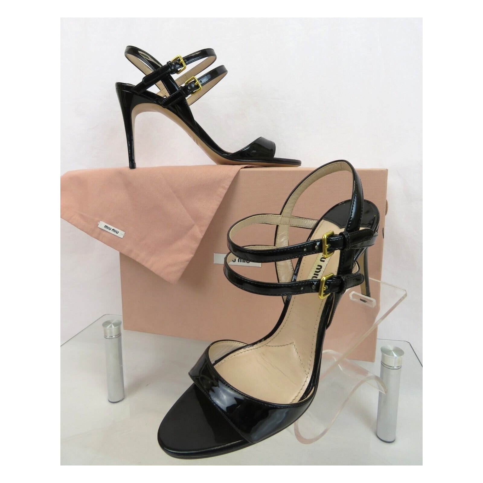 Nib Miu Miu Prada 5x9456 Black Patent Leather Double Strap Sandals Pumps 39 8.5